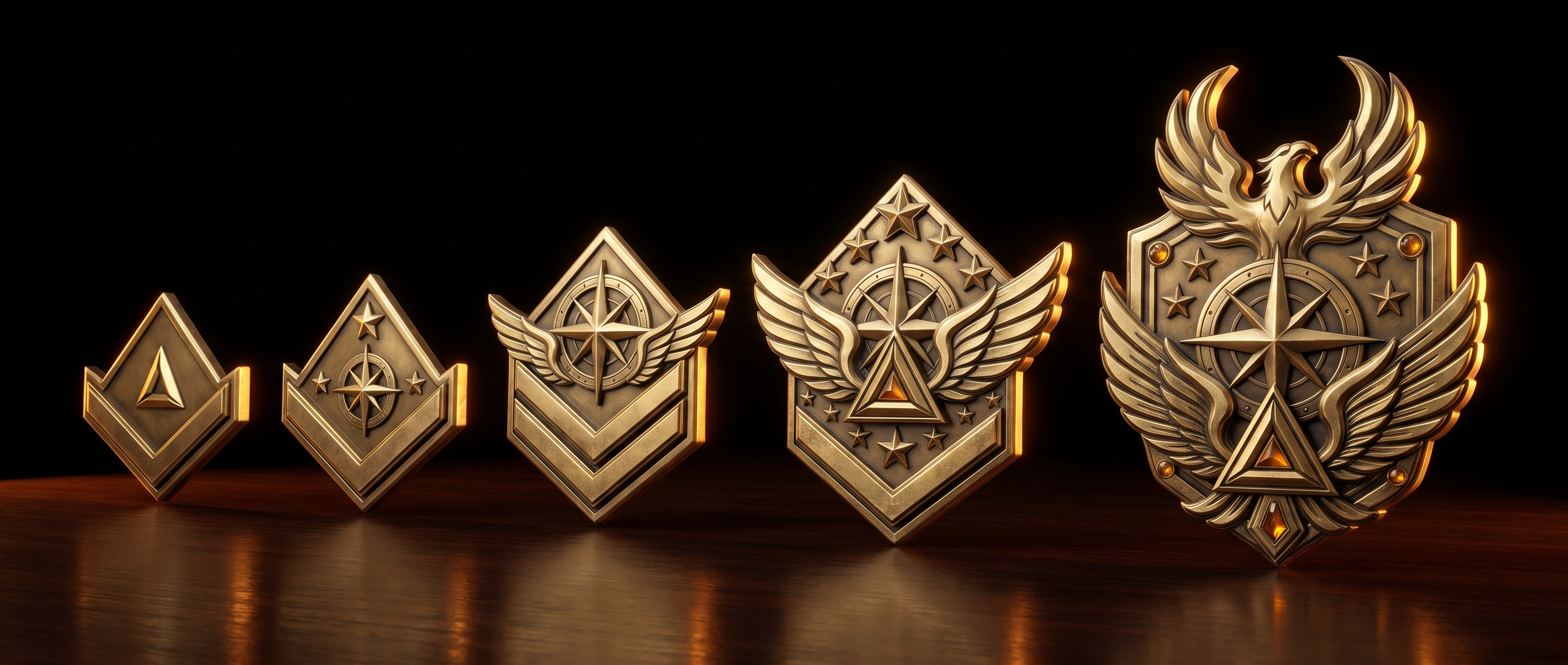 As cinco patentes do Projeto ATLAZ em insígnias douradas, do Recruta ao Comandante